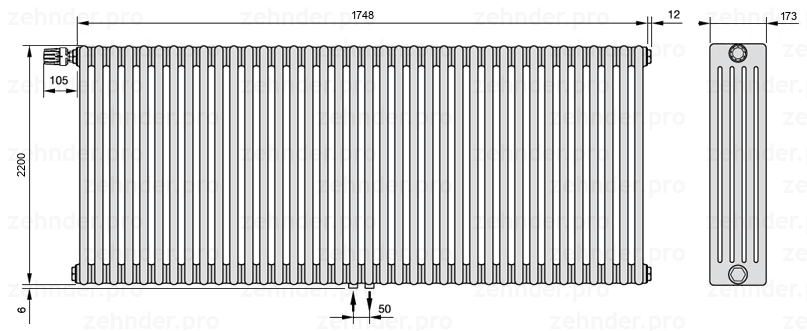 Схема (чертеж) Радиатор Zehnder Charleston 5220/38 №V007 Белый глянцевый RAL 9016